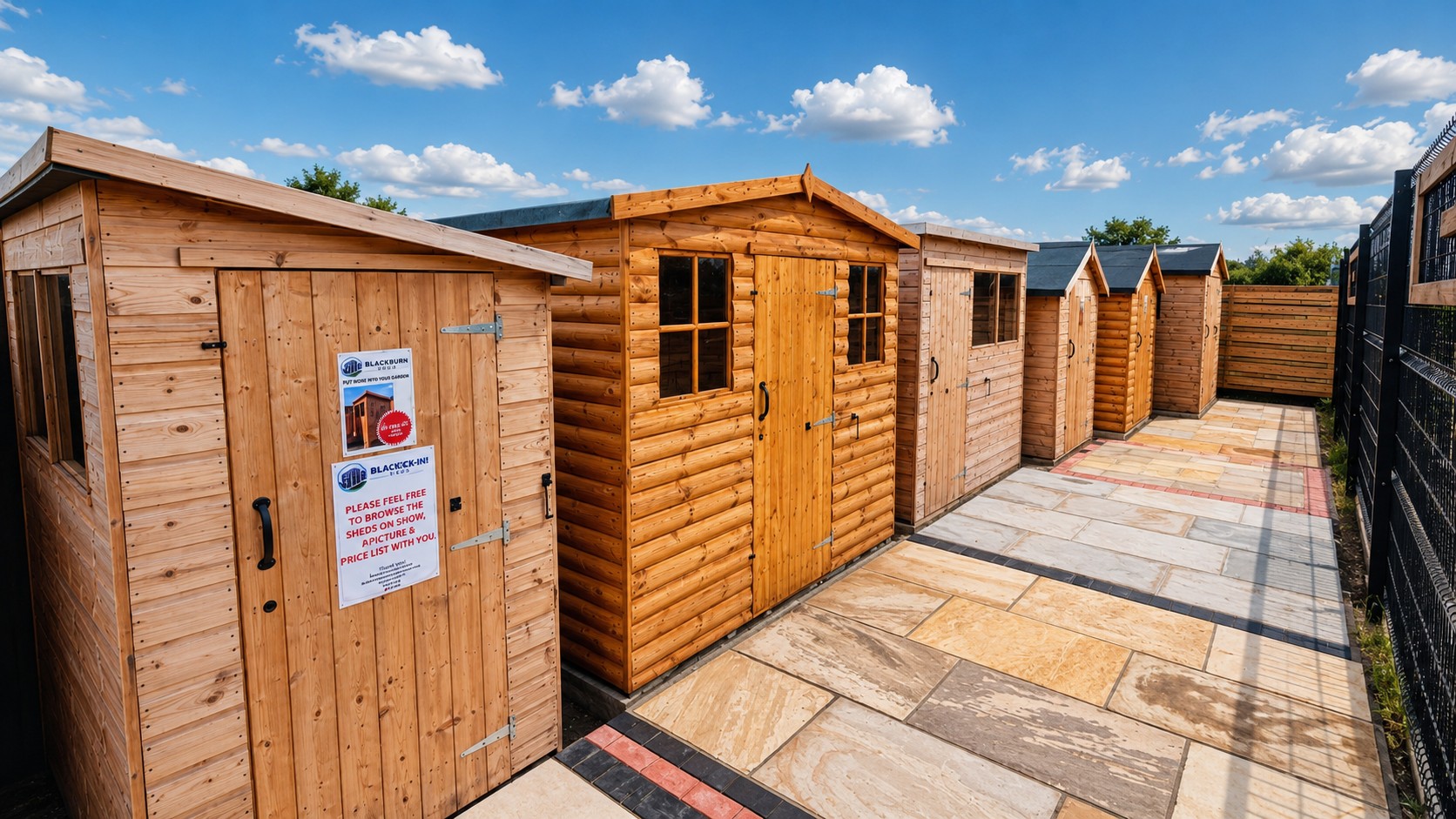 Different timber shed styles on the Blackburn Sheds forecourt