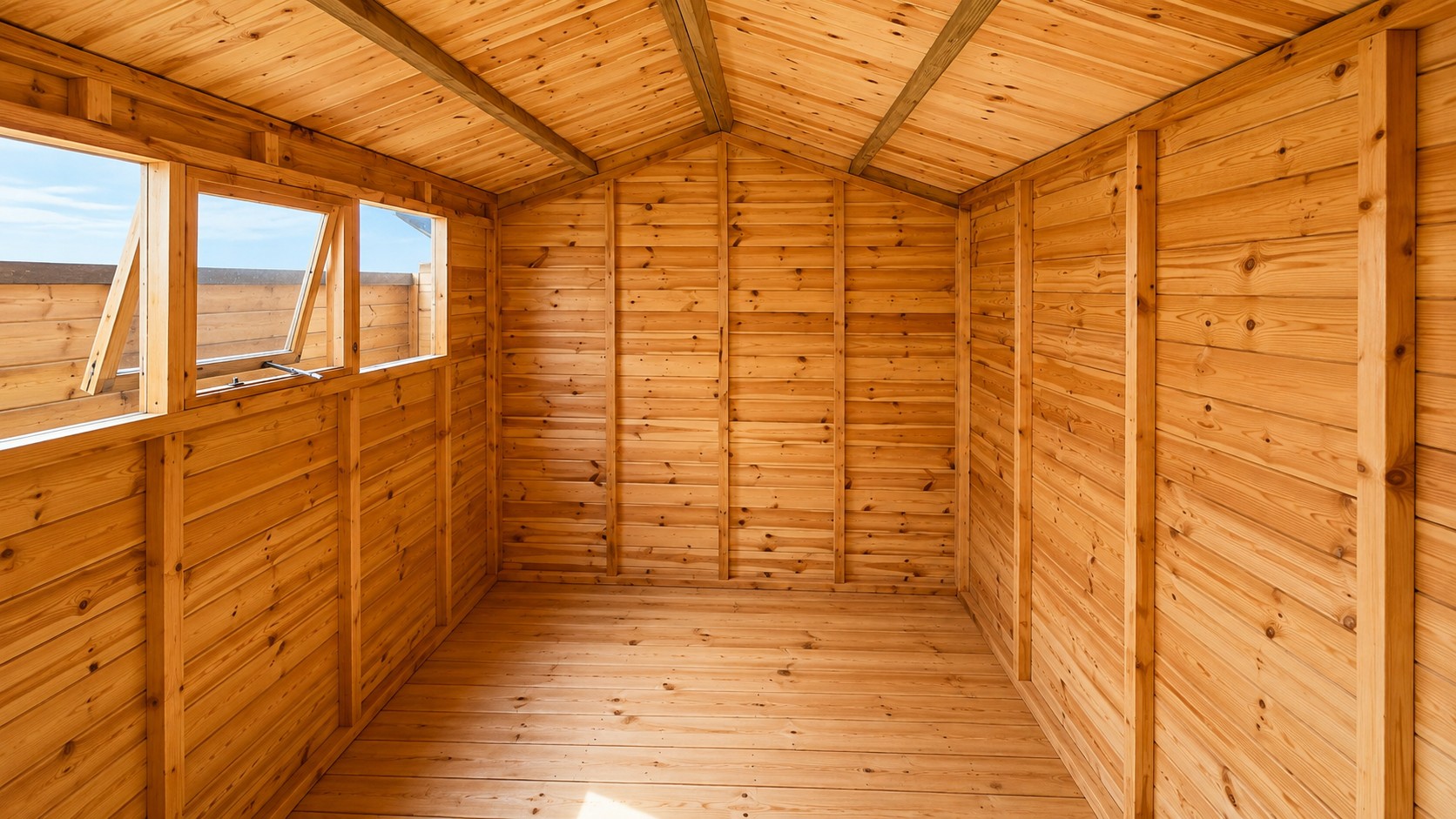 Bright timber shed interior with windows and roof beams