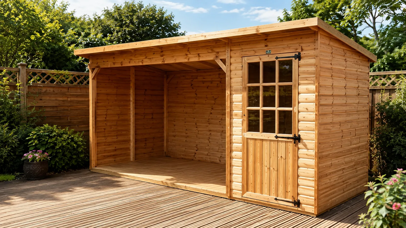 Open-front timber summerhouse with a covered veranda